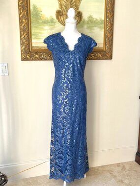 Tadashi Shoji  Indigo Blue Sequins Lace Cap Sleeve Gown Dress Size 14